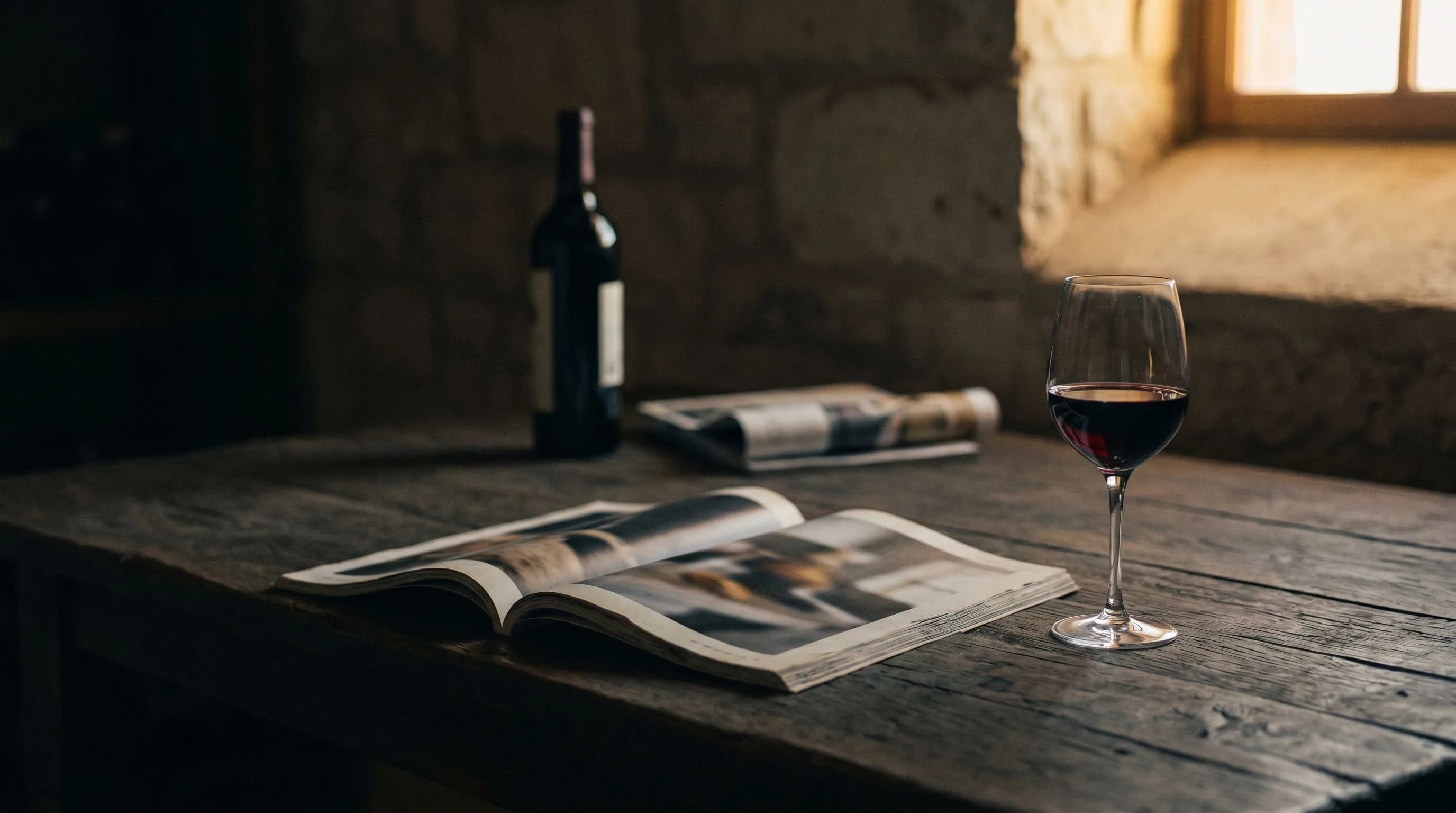 An open magazine and a glass of red wine on an oak table in a candlelit Hill Country cellar.